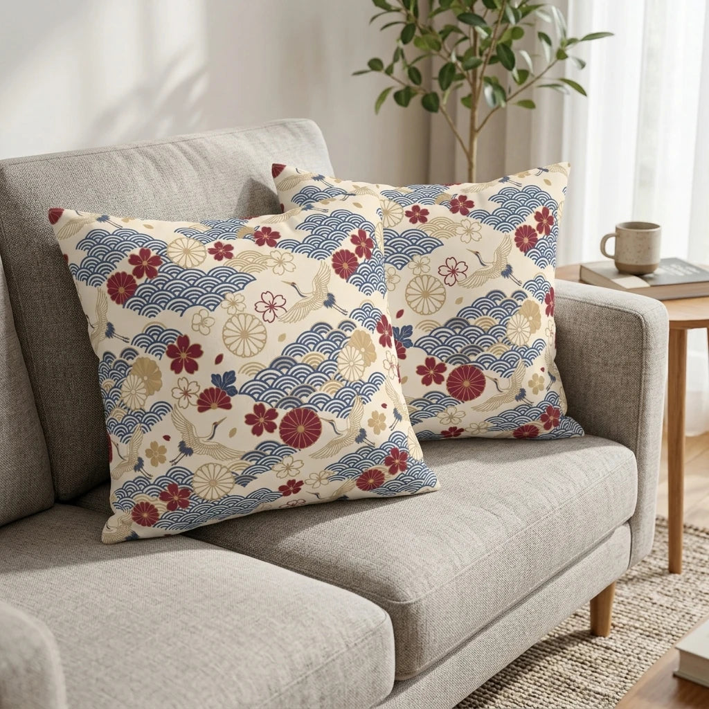 Two decorative cushions featuring a Japanese crane and wave print in navy and red, styled as a duo on a grey sofa in a bright living room.