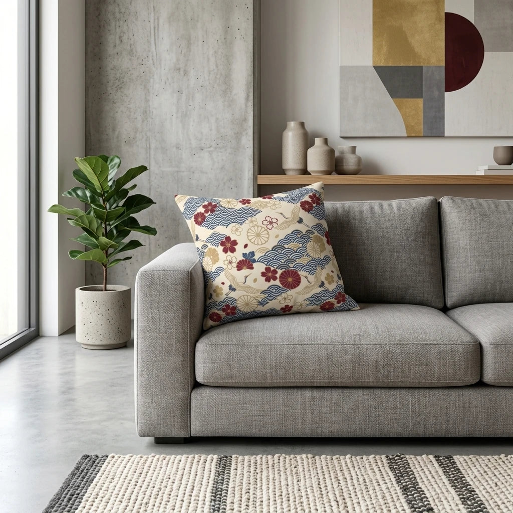 Japanese pattern throw pillow with blue waves and red flowers on a grey sofa in a minimalist modern living room lifestyle scene.