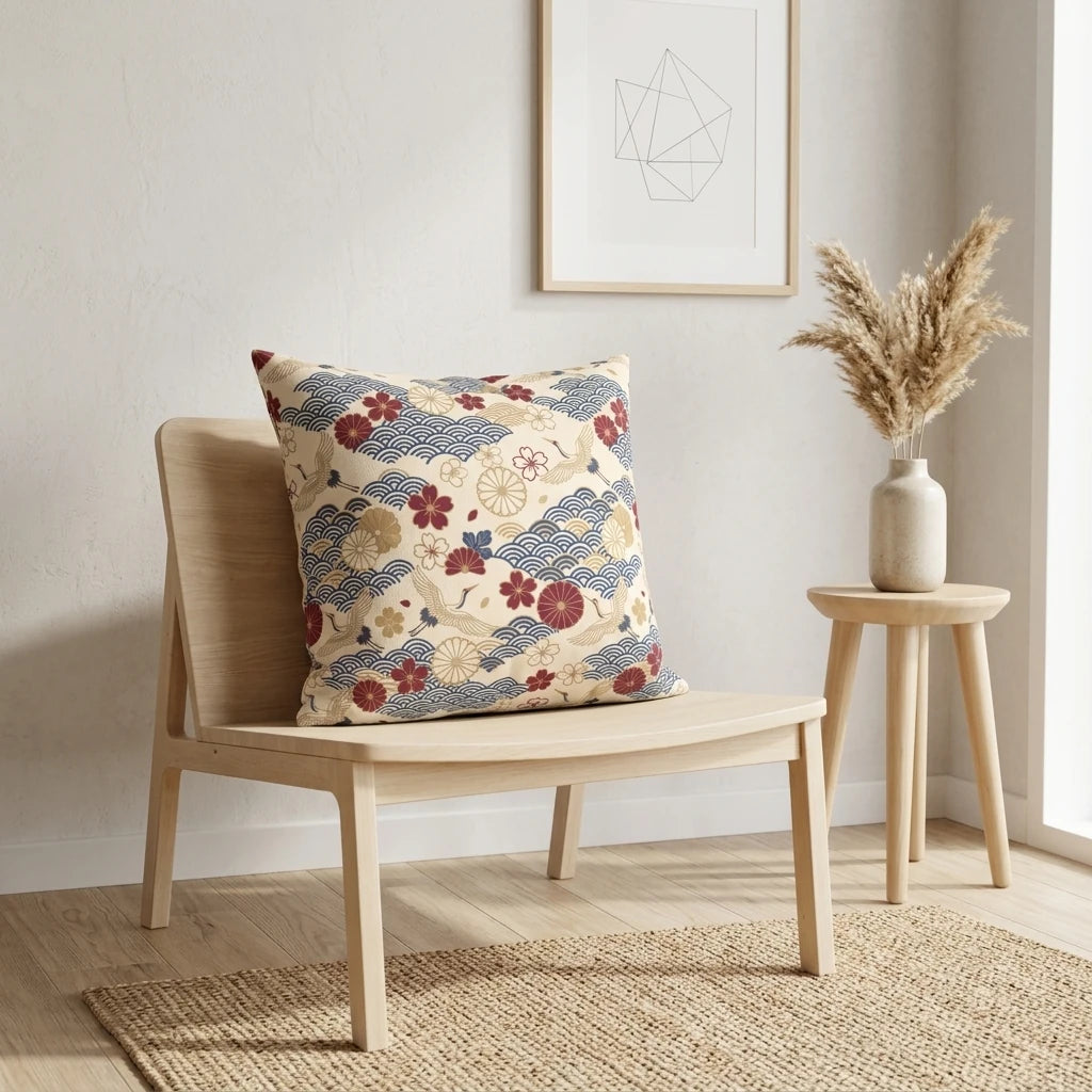 Japanese pattern throw pillow with cranes and waves on a light wood chair in a minimalist room with neutral decor and pampas grass.