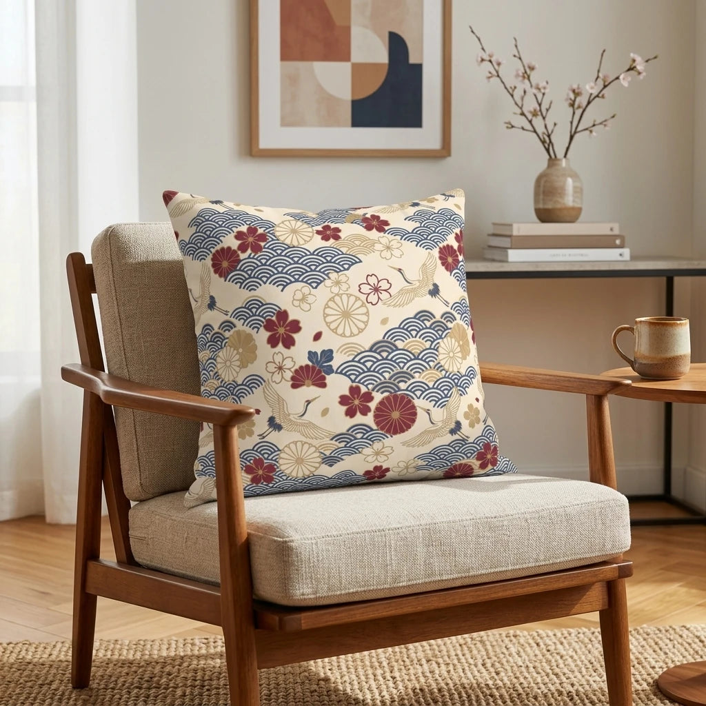Japanese pattern cushion with cranes, navy waves, and burgundy flowers on a wooden armchair in a minimalist living room.
