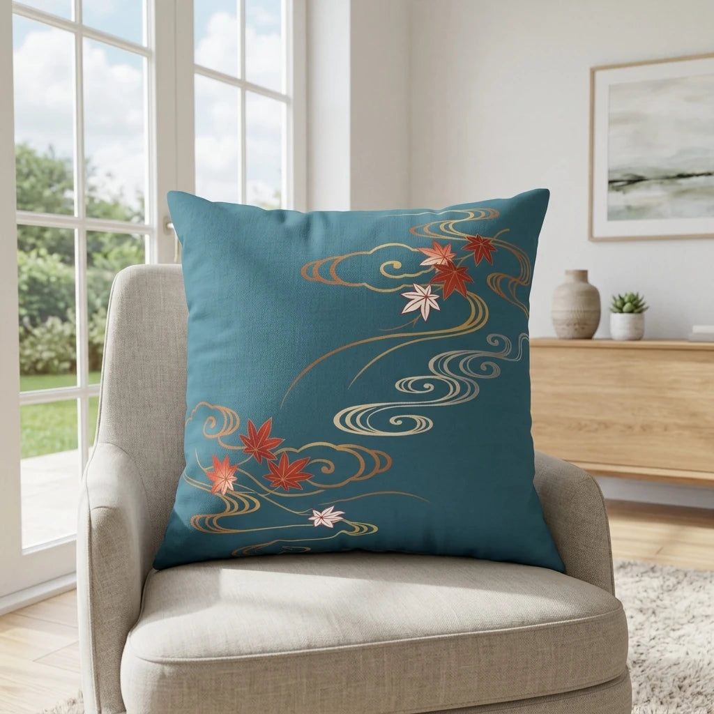 Teal decorative pillow featuring Japanese maple leaves and gold swirls, styled on a beige armchair in a bright, sunlit living room.