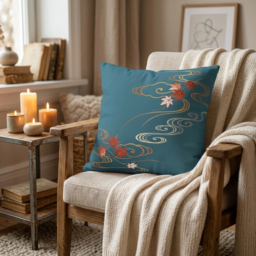 Teal cushion with red maple leaf design on a wooden armchair with a cream blanket, surrounded by candles in a cozy home setting.
