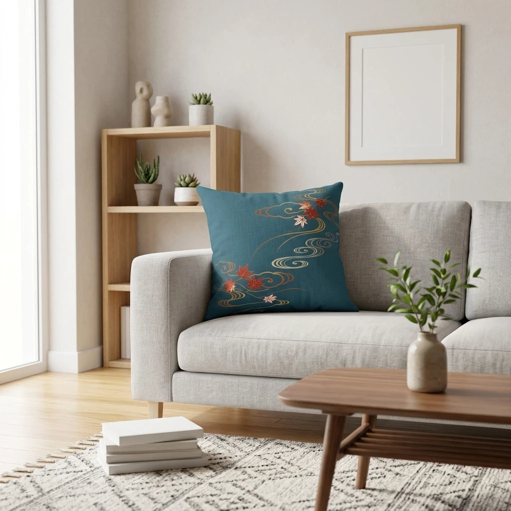 Teal decorative cushion featuring a Japanese maple leaf pattern on a grey sofa in a bright modern living room setting with wooden furniture.