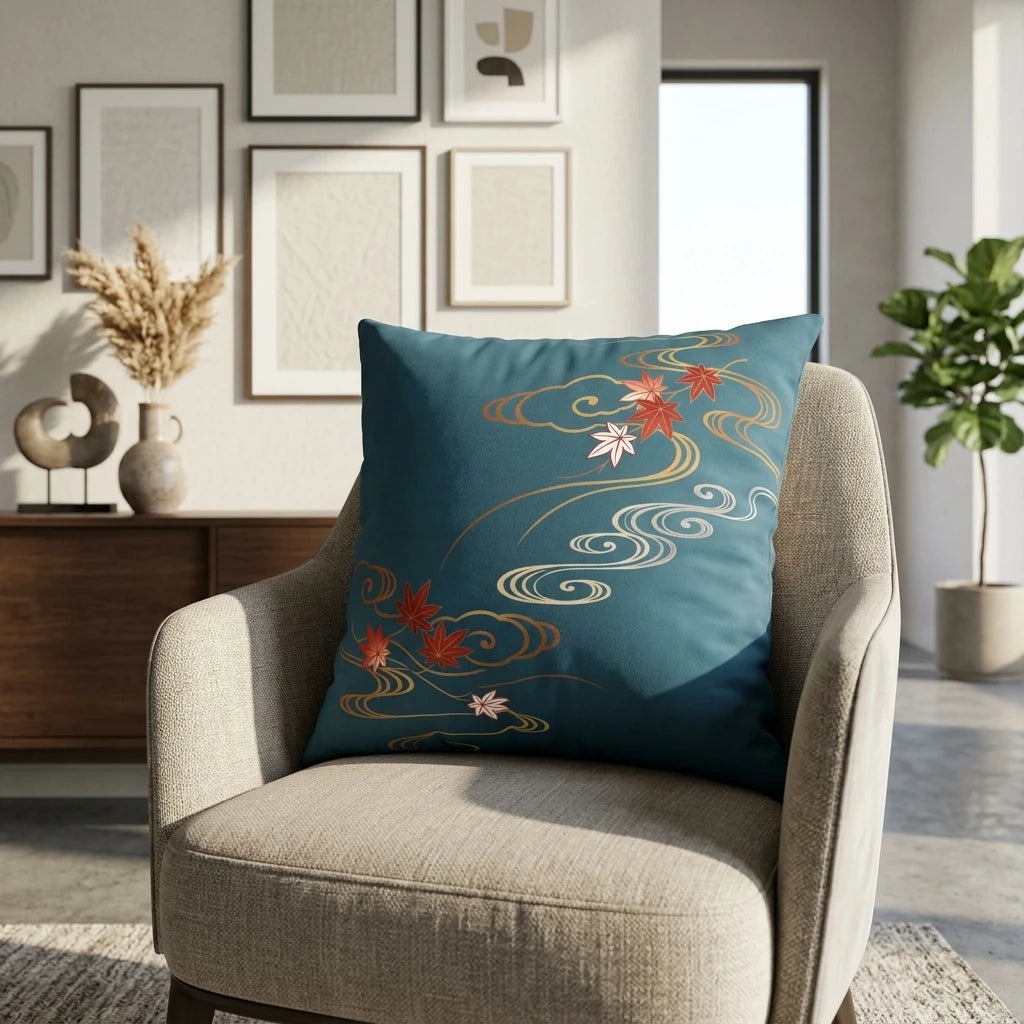 Teal blue decorative pillow featuring red maple leaves and gold waves, placed on a modern armchair in a minimalist living room.