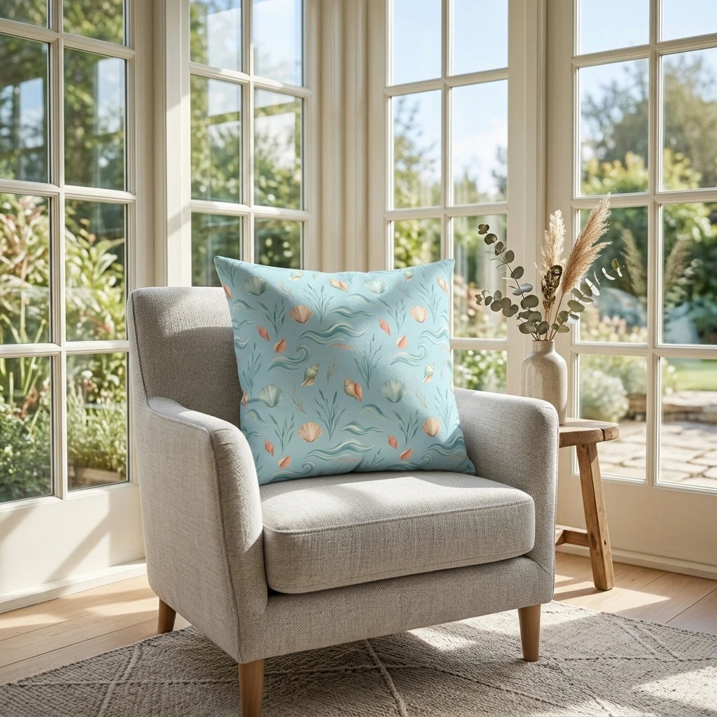 Light blue throw pillow with a seashell pattern on a grey armchair in a bright, sunlit room with large windows and wooden accents.