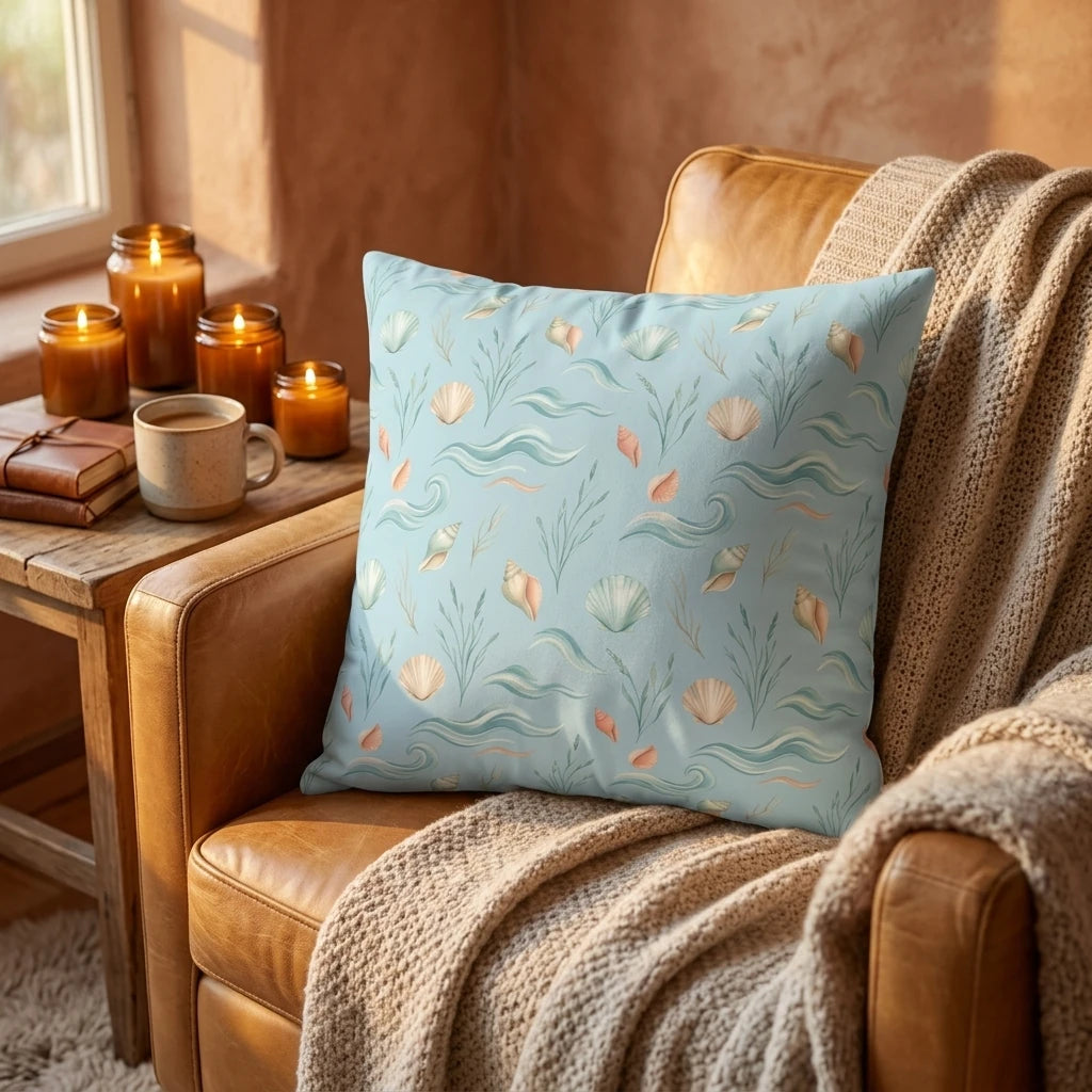 Light blue seashell pattern throw pillow on a leather armchair in a cozy setting with a knit blanket, coffee, and glowing amber candles.