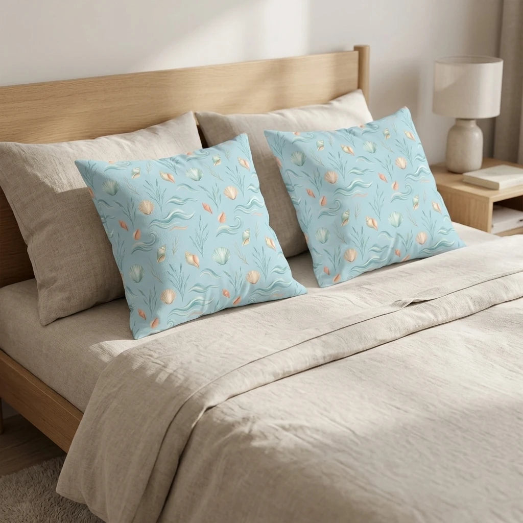 Pair of light blue decorative cushions featuring a coastal seashell pattern on a bed with beige linen sheets and a natural wood headboard.
