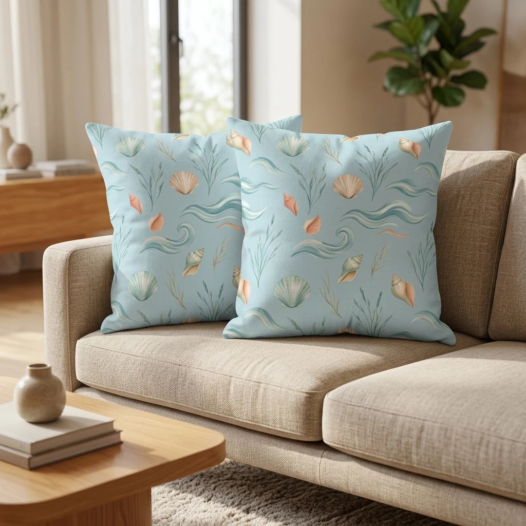 Pair of coastal-themed cushions with seashell and wave patterns on a beige sofa in a bright, modern living room lifestyle shot.