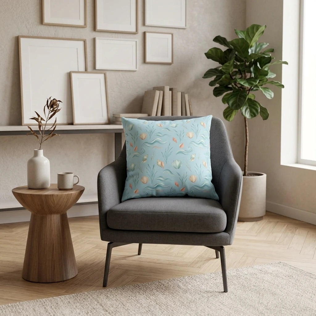 Light blue pillow with seashell pattern on a gray armchair in a modern living room setting with neutral decor and a wooden side table.