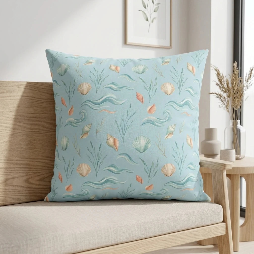 Light blue throw pillow featuring a watercolor seashell and seaweed pattern, styled on a wooden sofa in a bright minimalist living room.