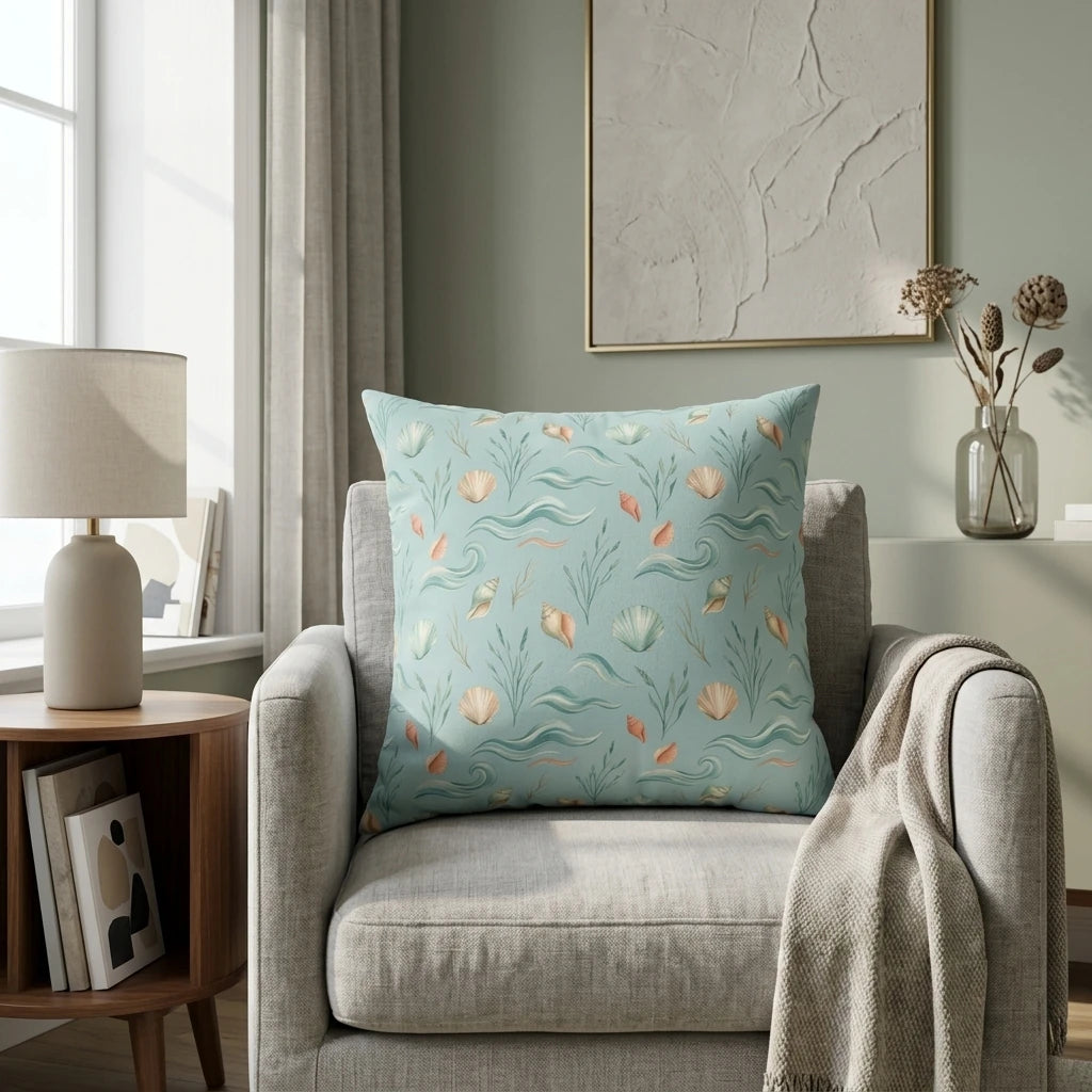 Watercolor seashell pattern pillow on a gray armchair in a bright living room. Teal coastal decorative cushion for sea-themed home decor.