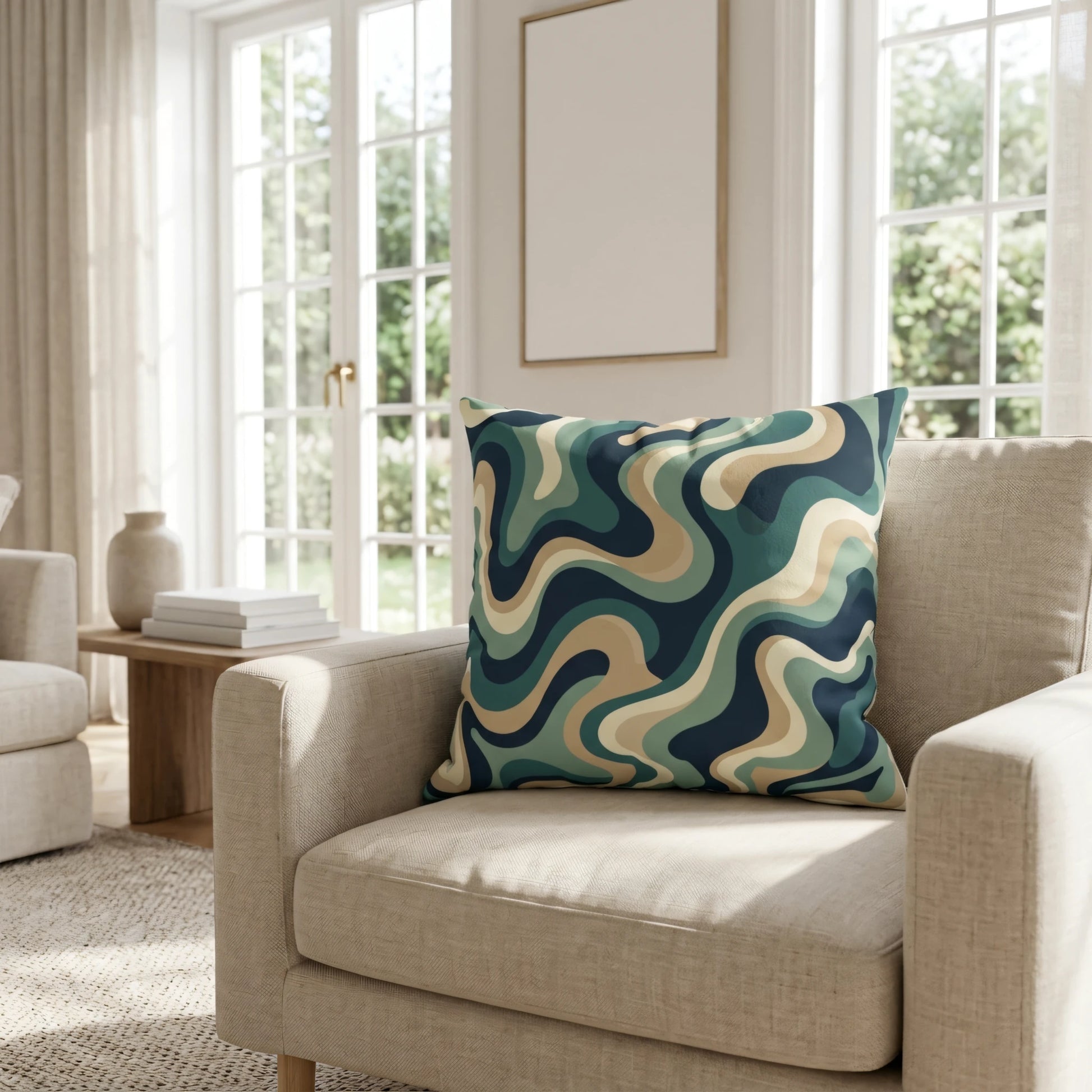 Teal and beige wavy patterned decorative cushion on a beige armchair in a bright, sunlit modern living room with large windows.