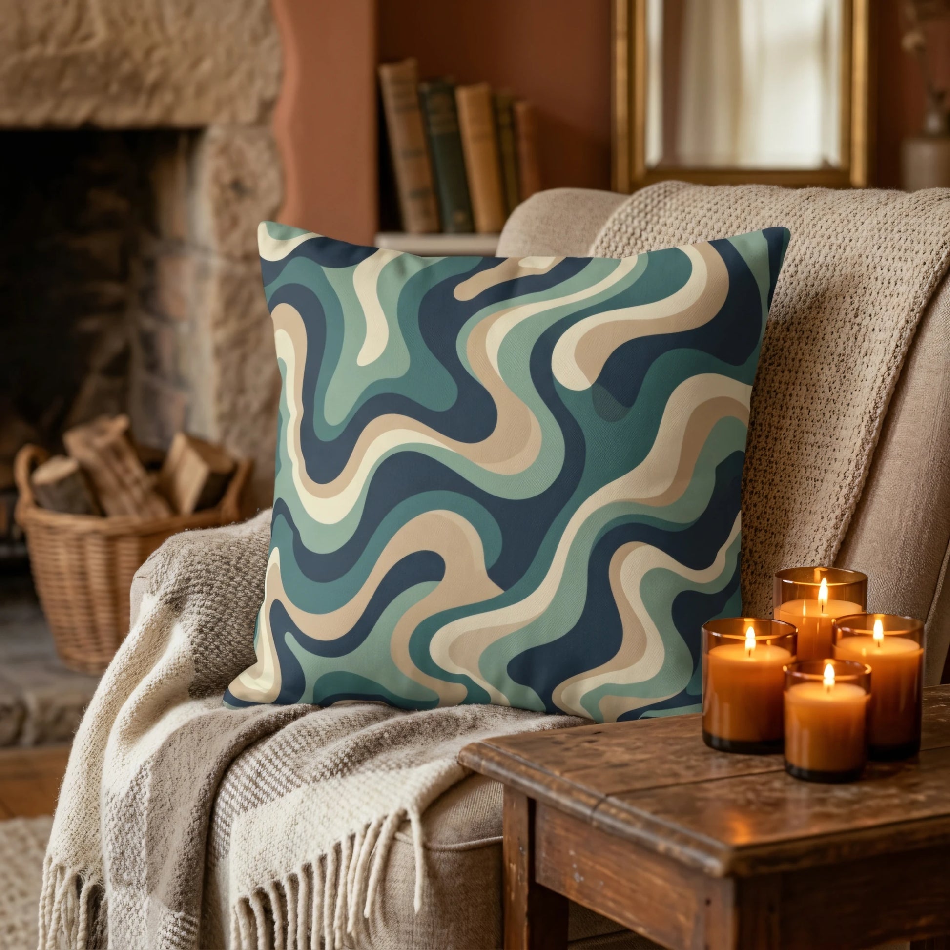 Teal and beige wavy patterned pillow on a cozy armchair with lit candles and a knit throw blanket in a warm, rustic living room.