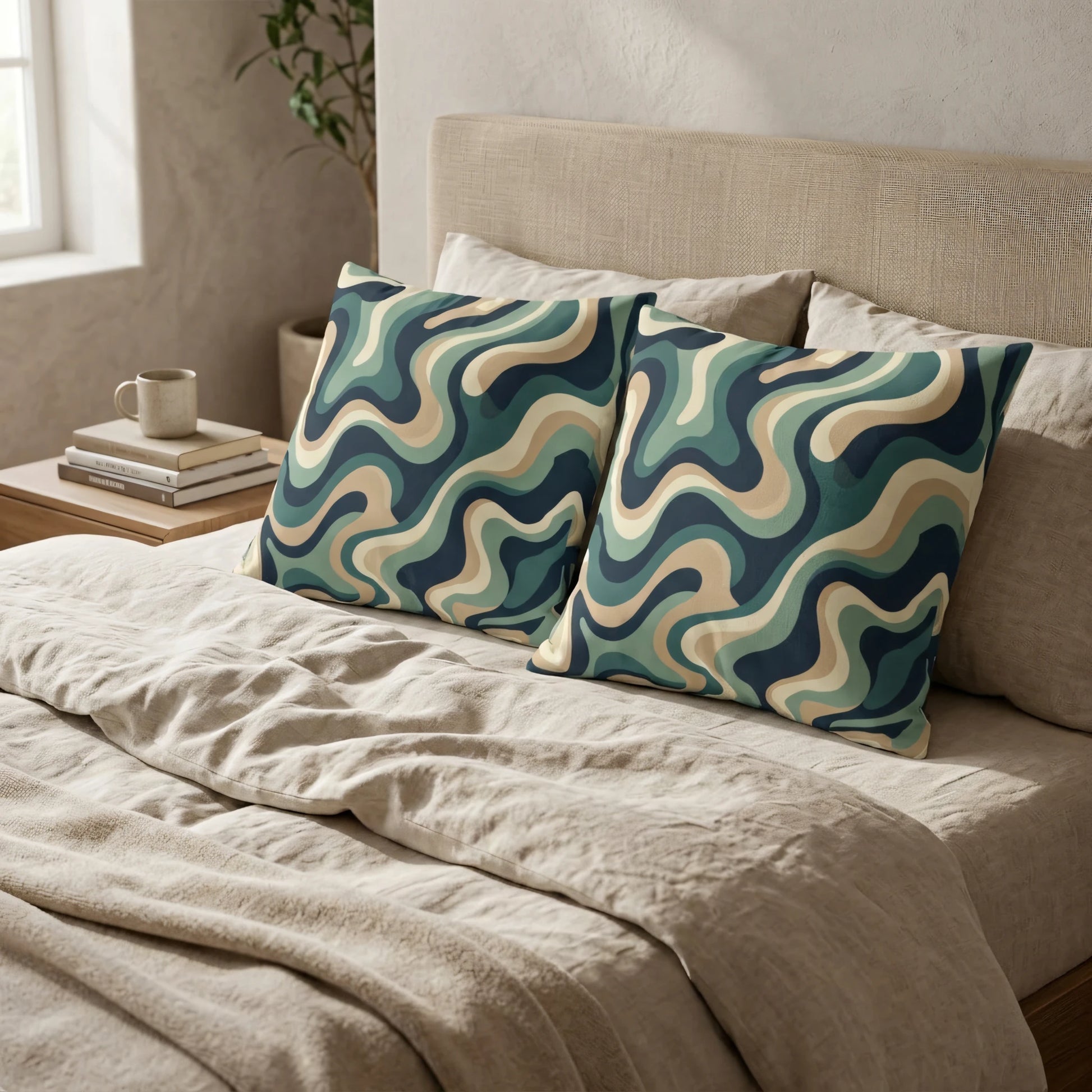 Two decorative pillows with a teal and beige wavy abstract pattern on a cozy bed with neutral linen bedding in a minimalist bedroom.