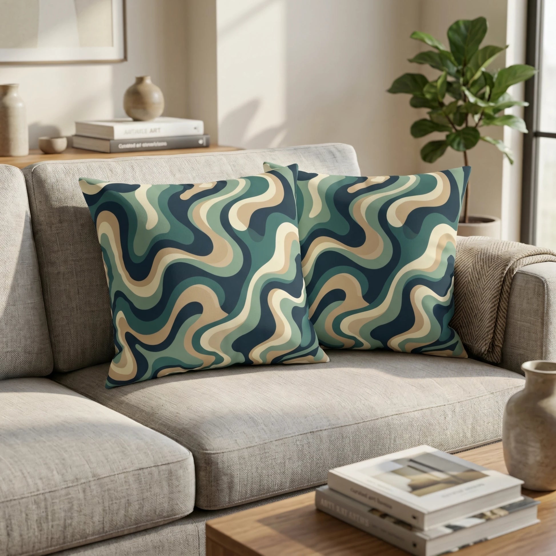 Two cushions featuring a teal and cream wavy abstract pattern on a grey sofa in a modern minimalist living room with natural lighting.