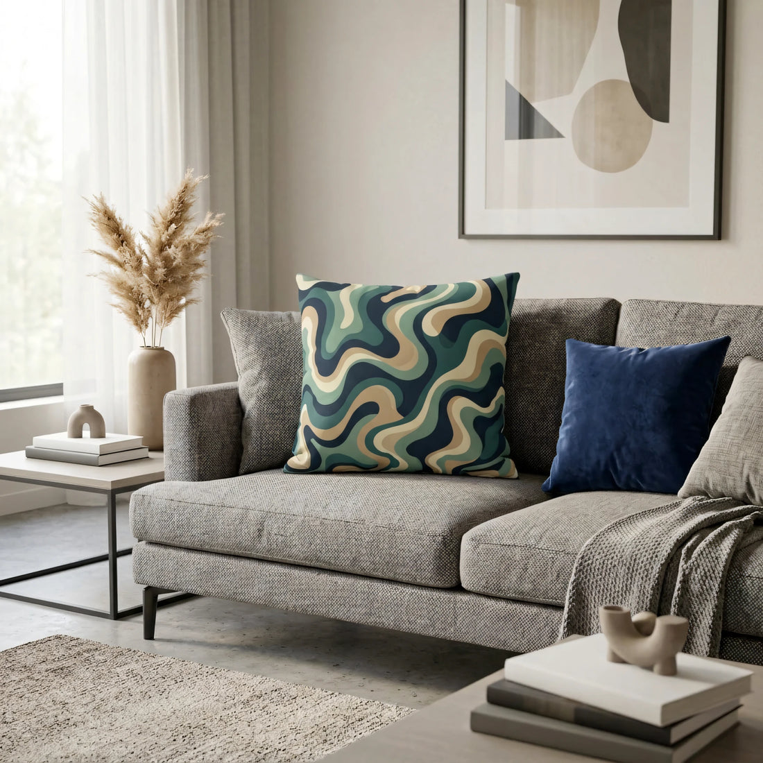Wavy teal and tan patterned throw pillow on a grey sofa in a modern living room lifestyle shot with neutral decor and minimalist art.