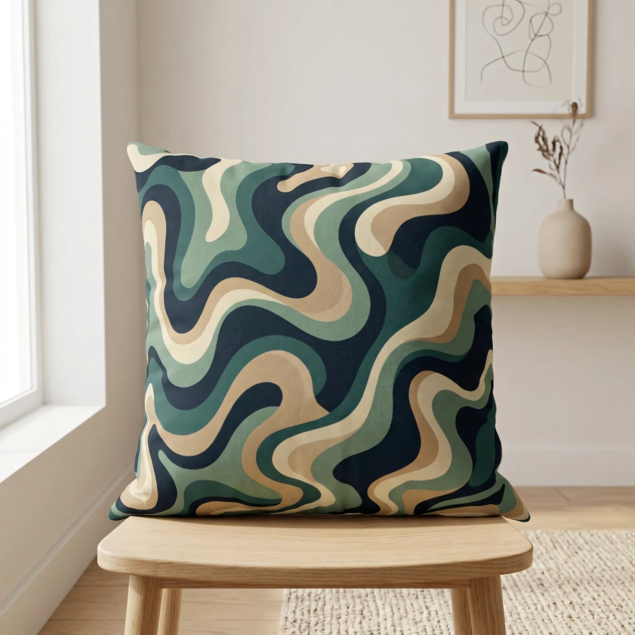 Decorative cushion featuring a green and tan abstract wavy pattern on a wooden chair in a minimalist room with natural window light.