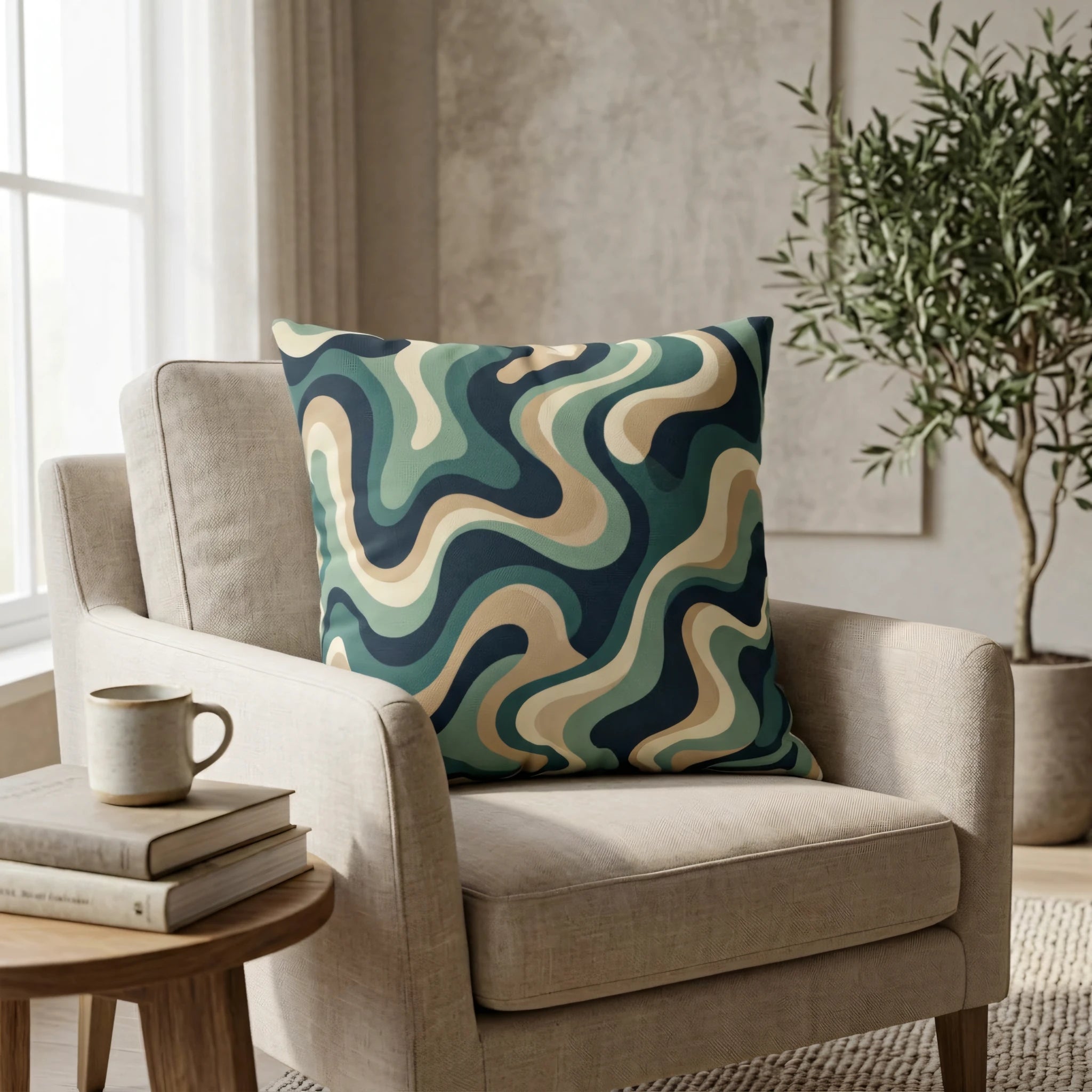 Teal and beige wavy pattern throw pillow on a cream armchair in a bright, modern living room lifestyle setting with a potted plant.