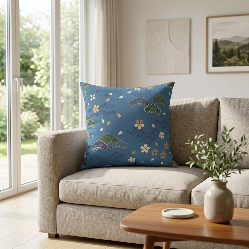 Blue decorative pillow with a Japanese pattern of cherry blossoms and pines on a beige sofa in a bright, sunlit modern living room setting.
