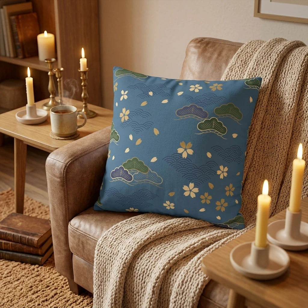 Blue Japanese pattern cushion with gold flowers and pine trees on a leather armchair in a cozy candlelit room with a knitted throw blanket.