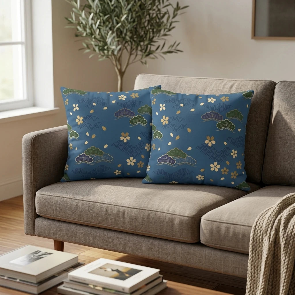 Two blue cushions with gold Japanese cherry blossoms and wave patterns on a beige sofa in a modern, sunlit living room.