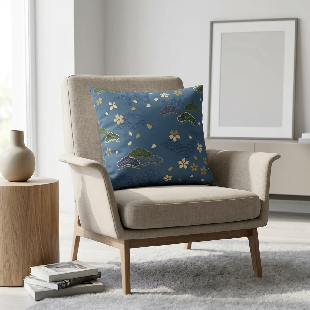 Decorative navy blue pillow with gold Japanese motifs on a beige armchair in a minimalist modern living room with a wooden side table.