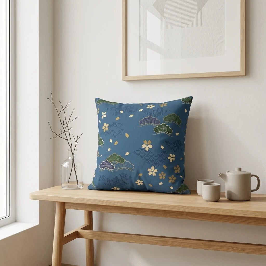Blue pillow with a Japanese pattern of gold flowers and pine trees on a wooden bench in a minimalist interior lifestyle shot.