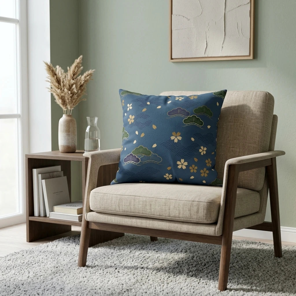 Navy blue pillow with gold cherry blossoms on a beige armchair in a modern living room with pampas grass and light green walls.