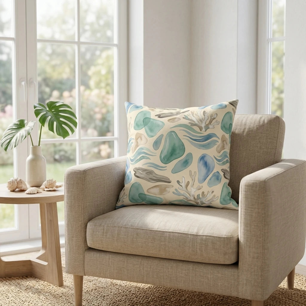 Teal and blue watercolor sea glass patterned cushion on a beige armchair in a bright room with a monstera plant and coastal decor.
