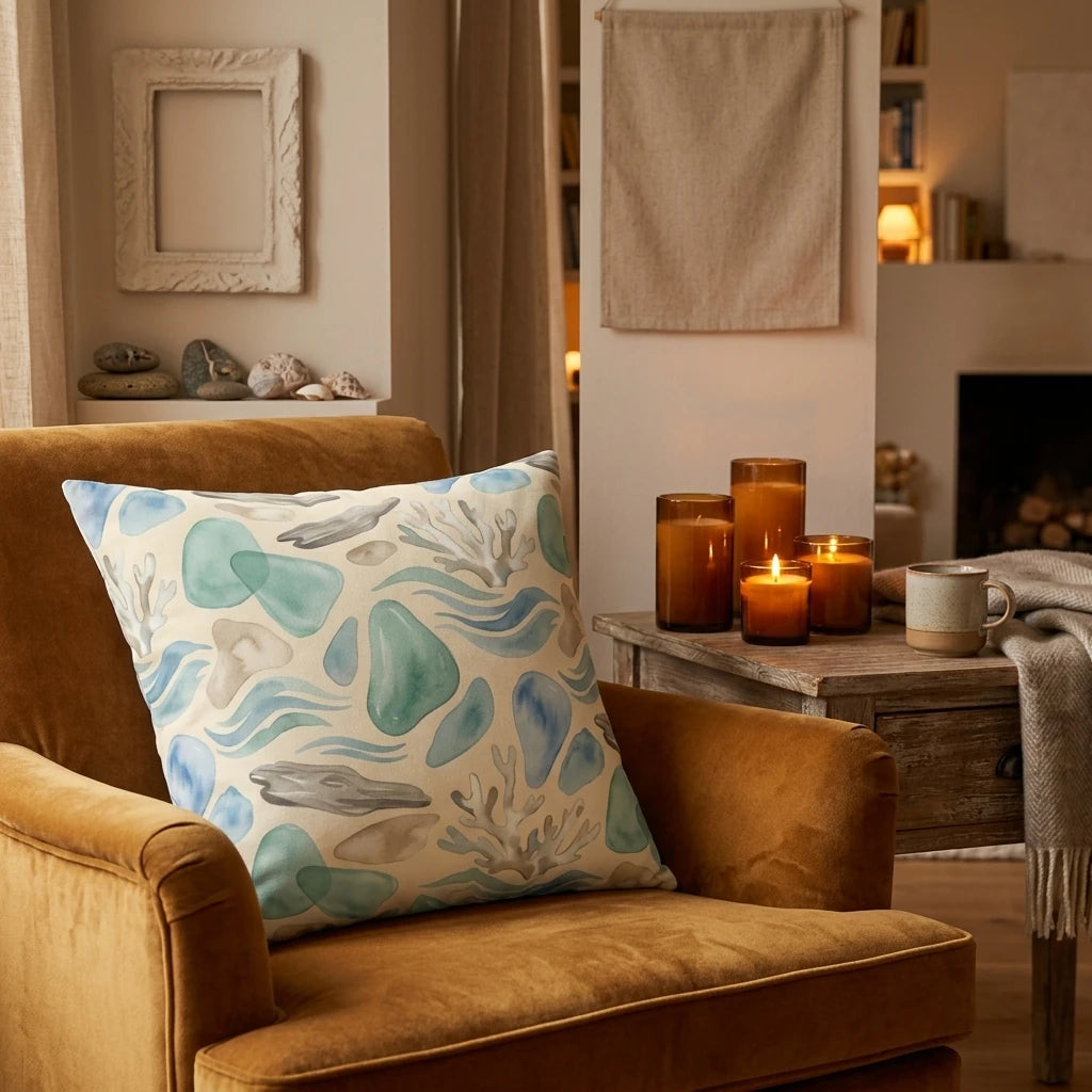 A throw pillow with a watercolor sea glass and coral pattern on a mustard yellow velvet armchair in a cozy, candlelit living room scene.