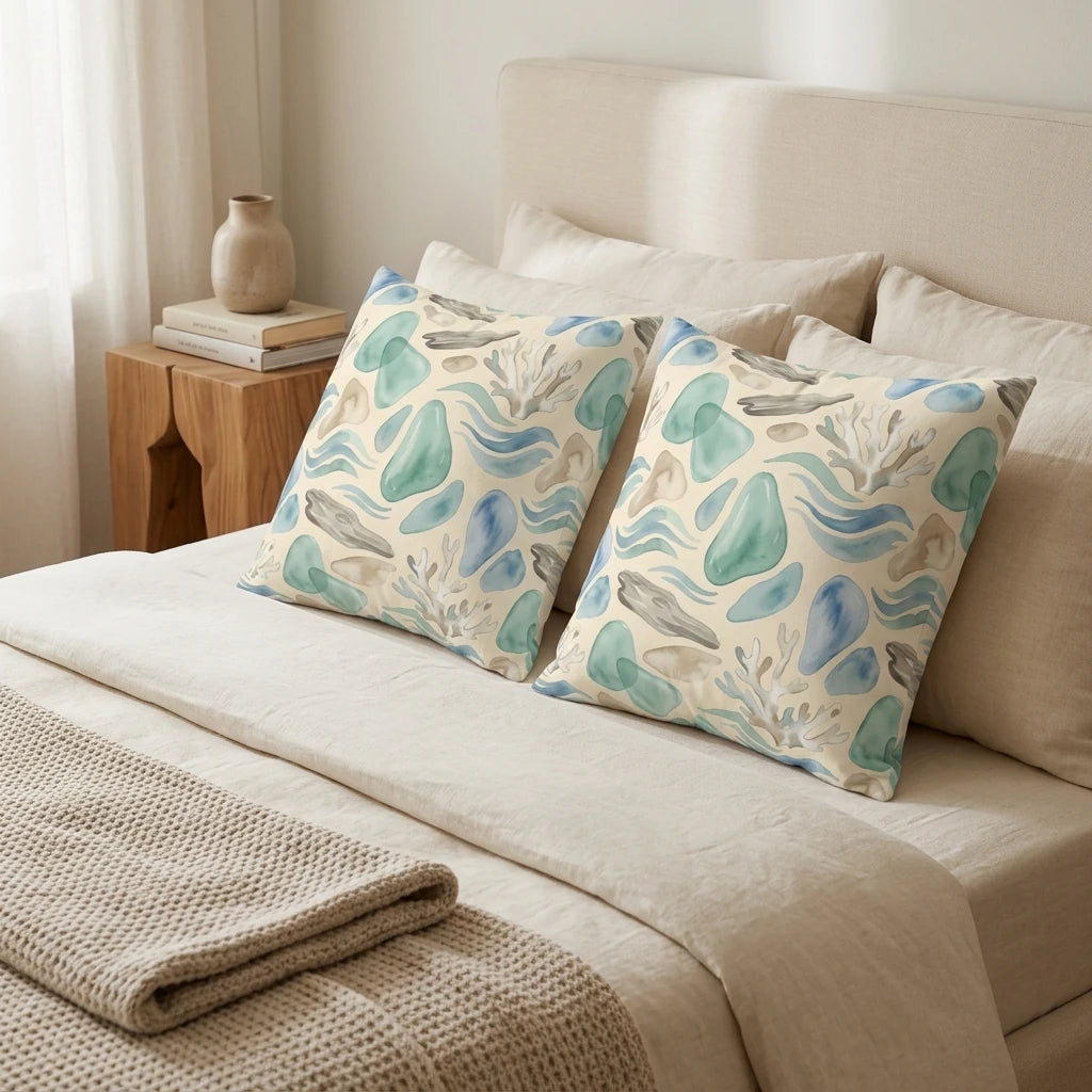 Two square pillows with a blue and teal watercolor sea glass pattern on a minimalist bed with neutral linens and a wooden side table.