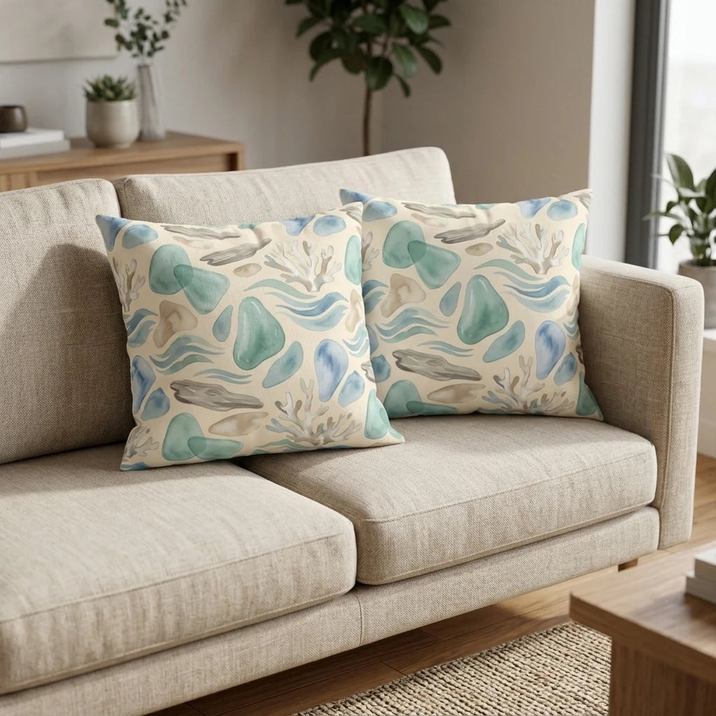 Two decorative pillows featuring a teal watercolor sea glass and coral design, styled on a neutral sofa in a bright, modern home interior.
