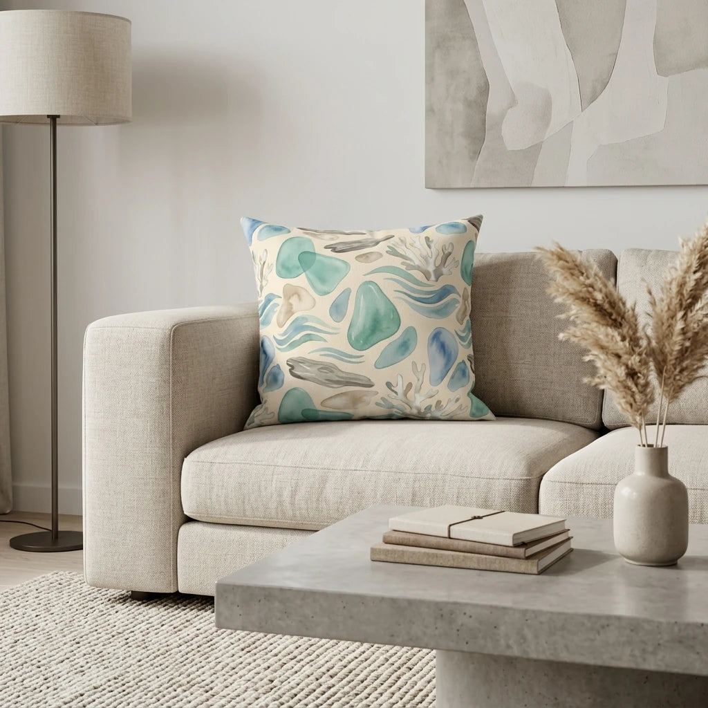 Sea glass watercolor throw pillow in teal and blue on a beige sofa in a modern living room setting with minimalist decor.