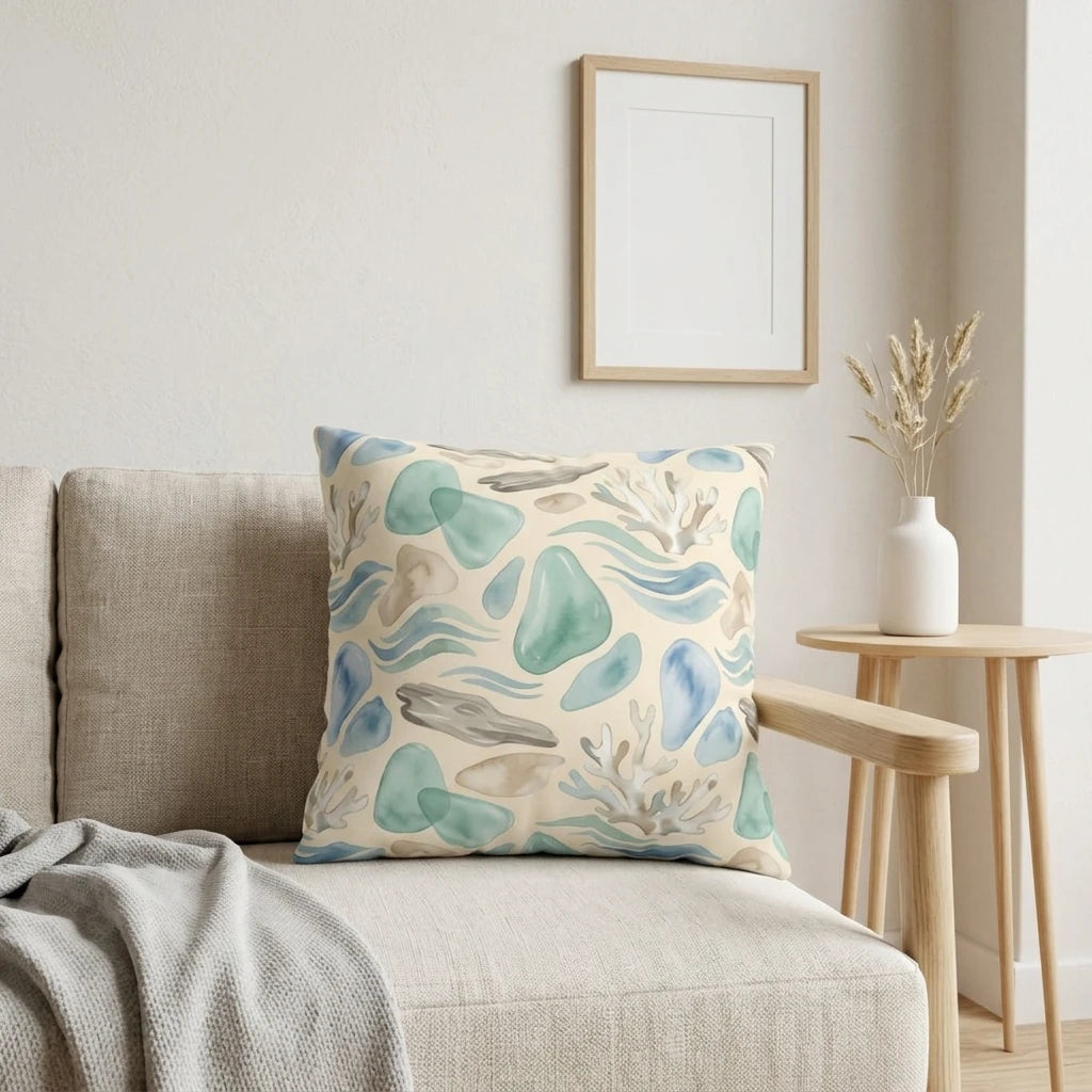 Coastal watercolor sea glass pattern pillow on a beige sofa in a minimalist living room with a side table and white vase.