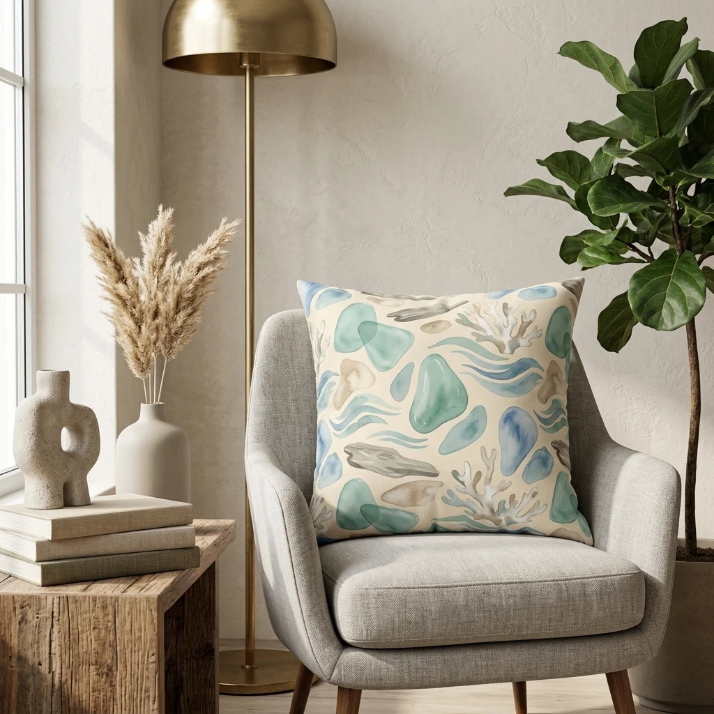 Watercolor coastal throw pillow with sea glass and coral patterns on a gray armchair in a bright, modern living room lifestyle setting.