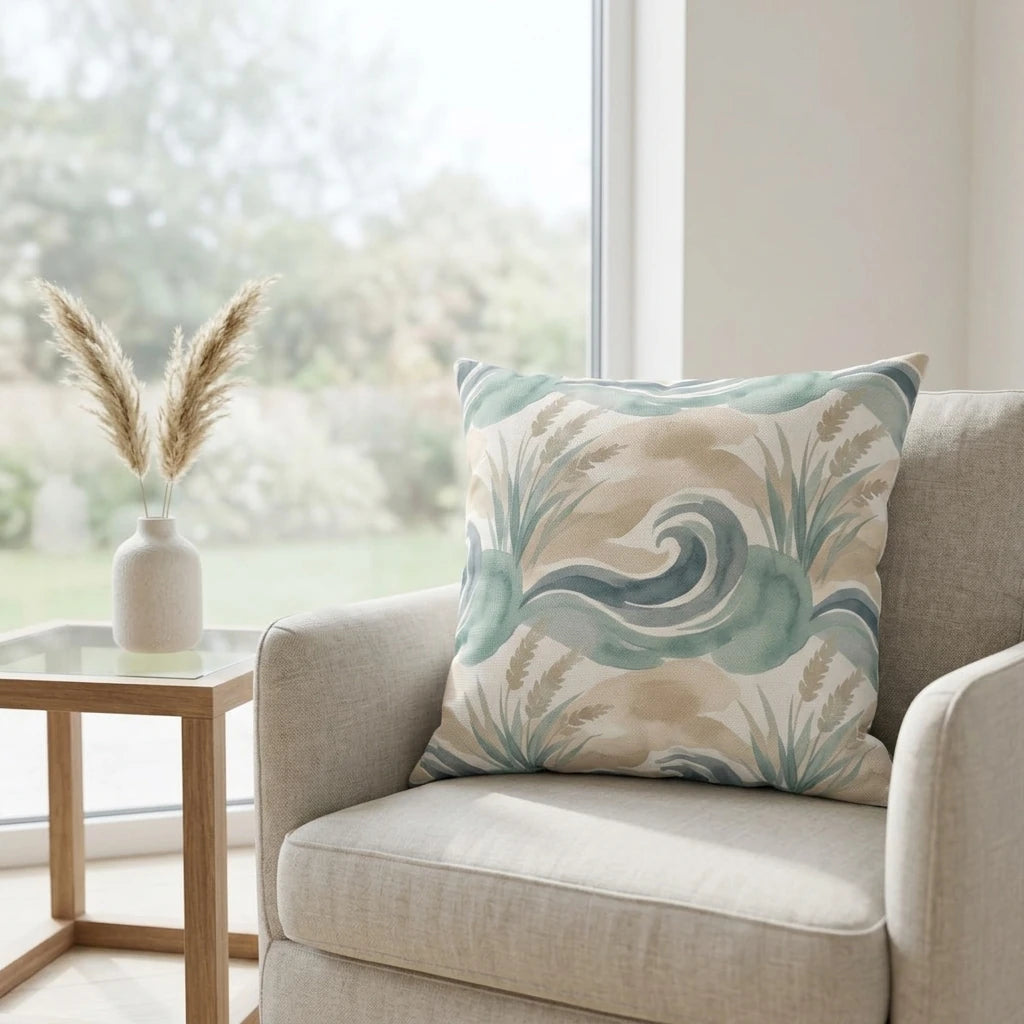 Teal and tan botanical wave print decorative pillow on a comfy beige chair in a sunlit modern living room interior.
