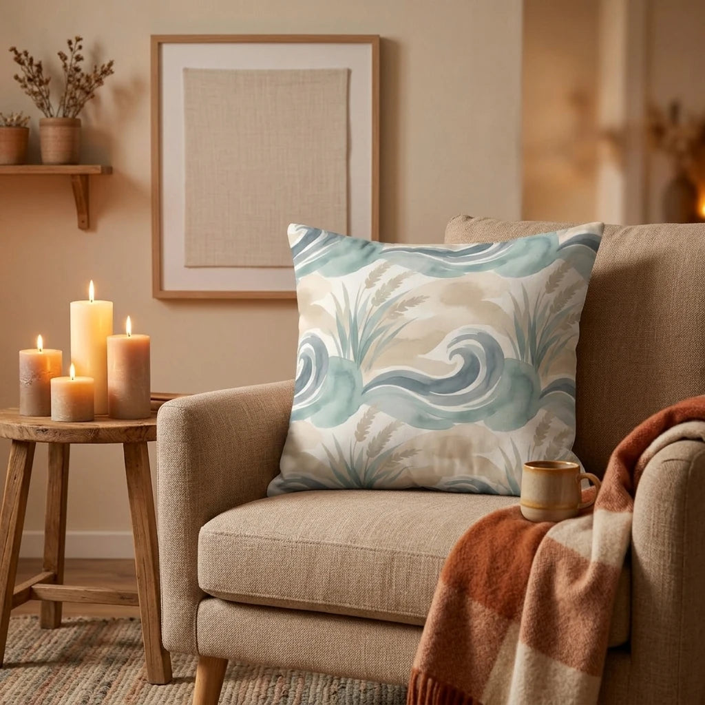 Teal and tan watercolor wave patterned cushion on a beige armchair in a cozy living room setting with candles and a throw blanket.