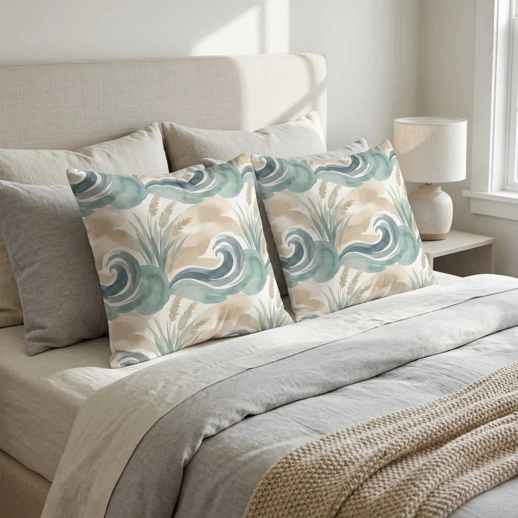 Pair of decorative cushions with teal and beige watercolor wave patterns on a neutral bed in a cozy, modern bedroom.