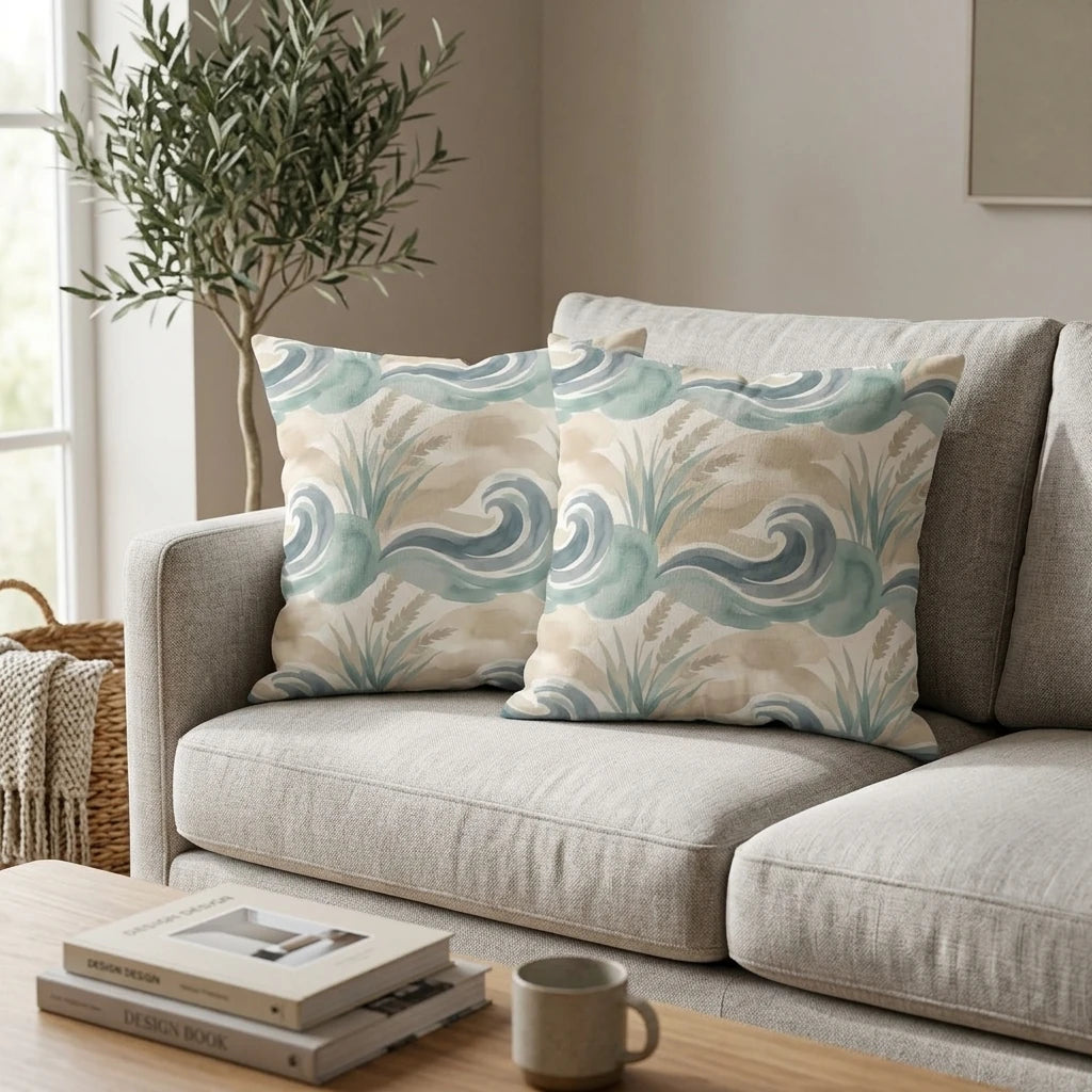 Two watercolor wave pattern throw pillows in teal and beige on a grey sofa, featuring a coastal design for modern home decor.