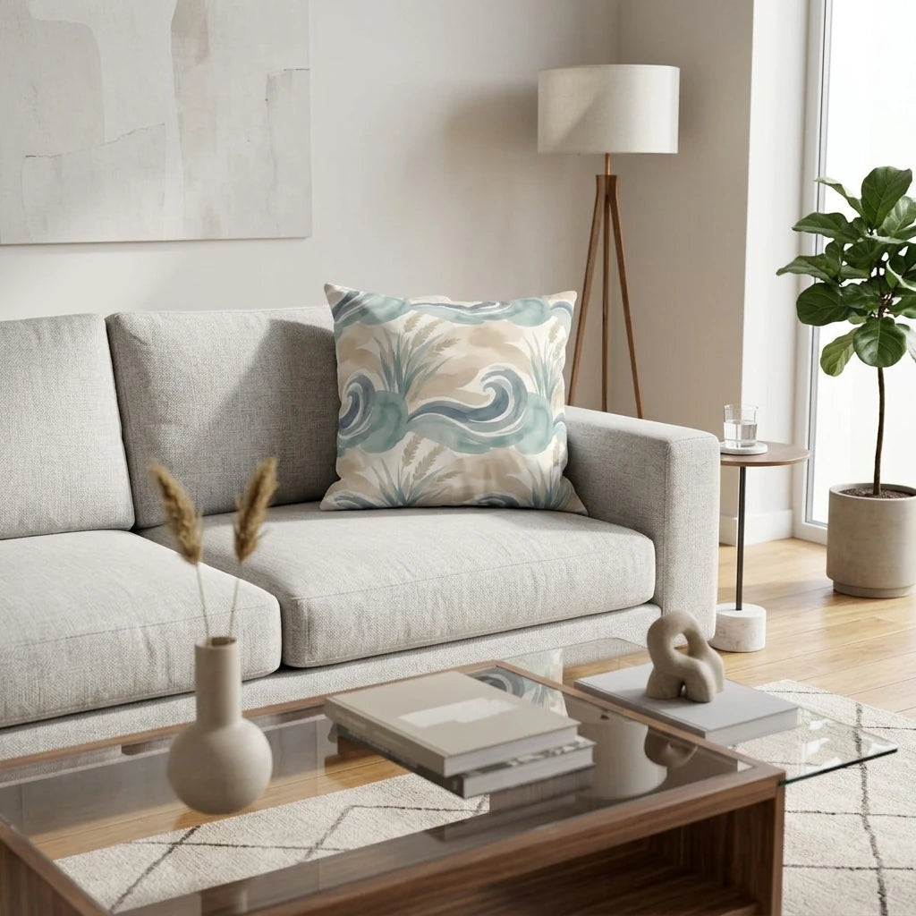 Modern throw pillow with teal and sand wave pattern on a light gray sofa in a stylish living room setting with minimalist home decor.