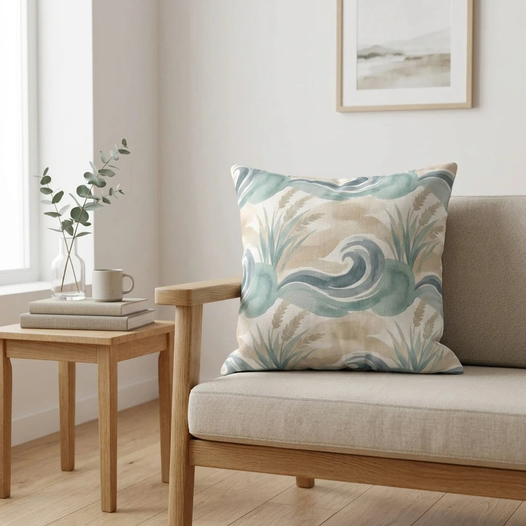 Minimalist interior featuring a decorative cushion with a teal watercolor wave and botanical print on a light wood chair.