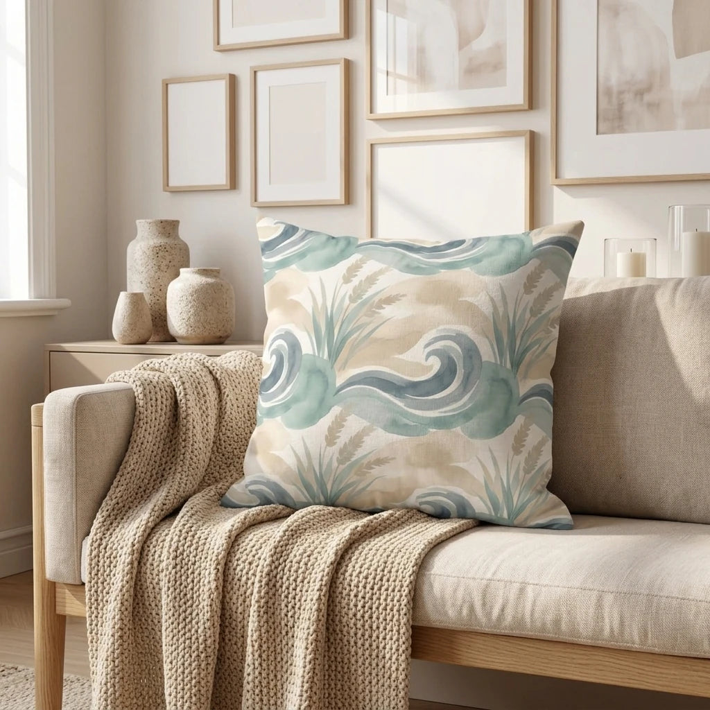 Blue and beige watercolor wave pattern pillow on a neutral sofa with a knit blanket and minimalist wall art in a modern, cozy living room scene.