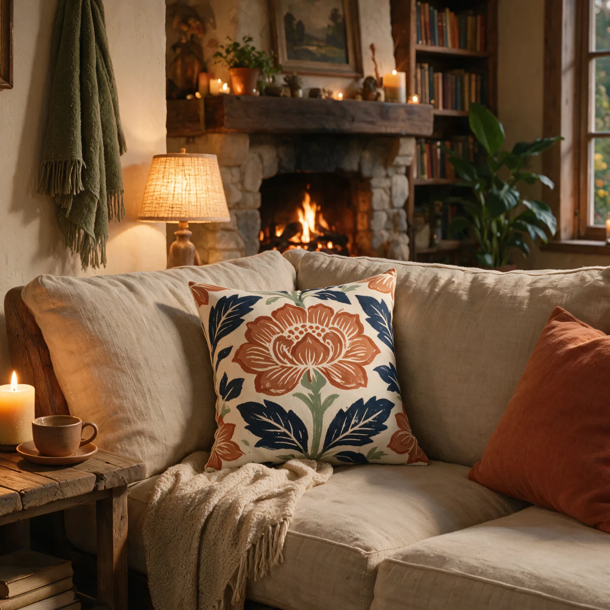 Indigo Sage Floral Cushion Case, lifestyle view.