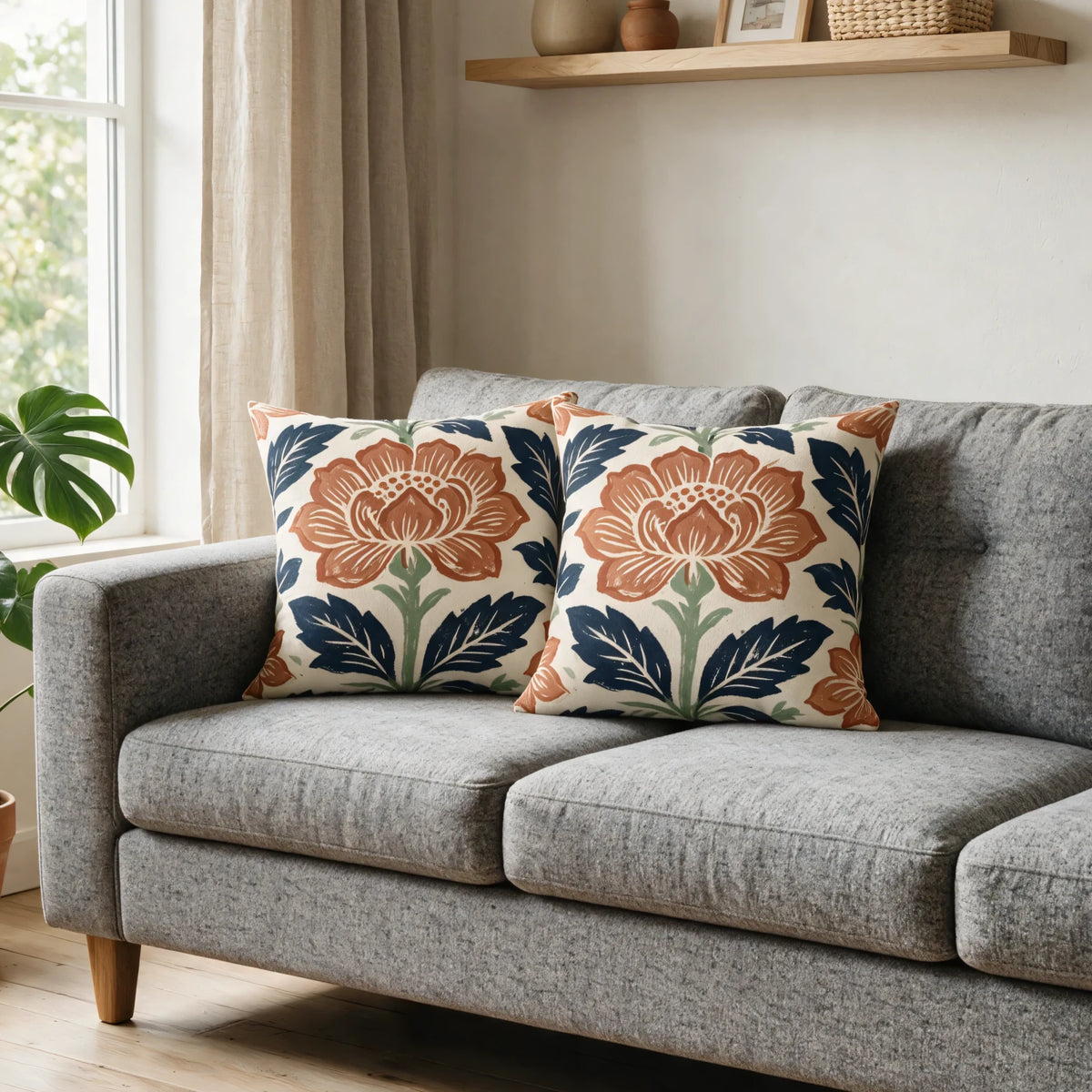 Indigo Sage Floral Cushion Case, lifestyle view.