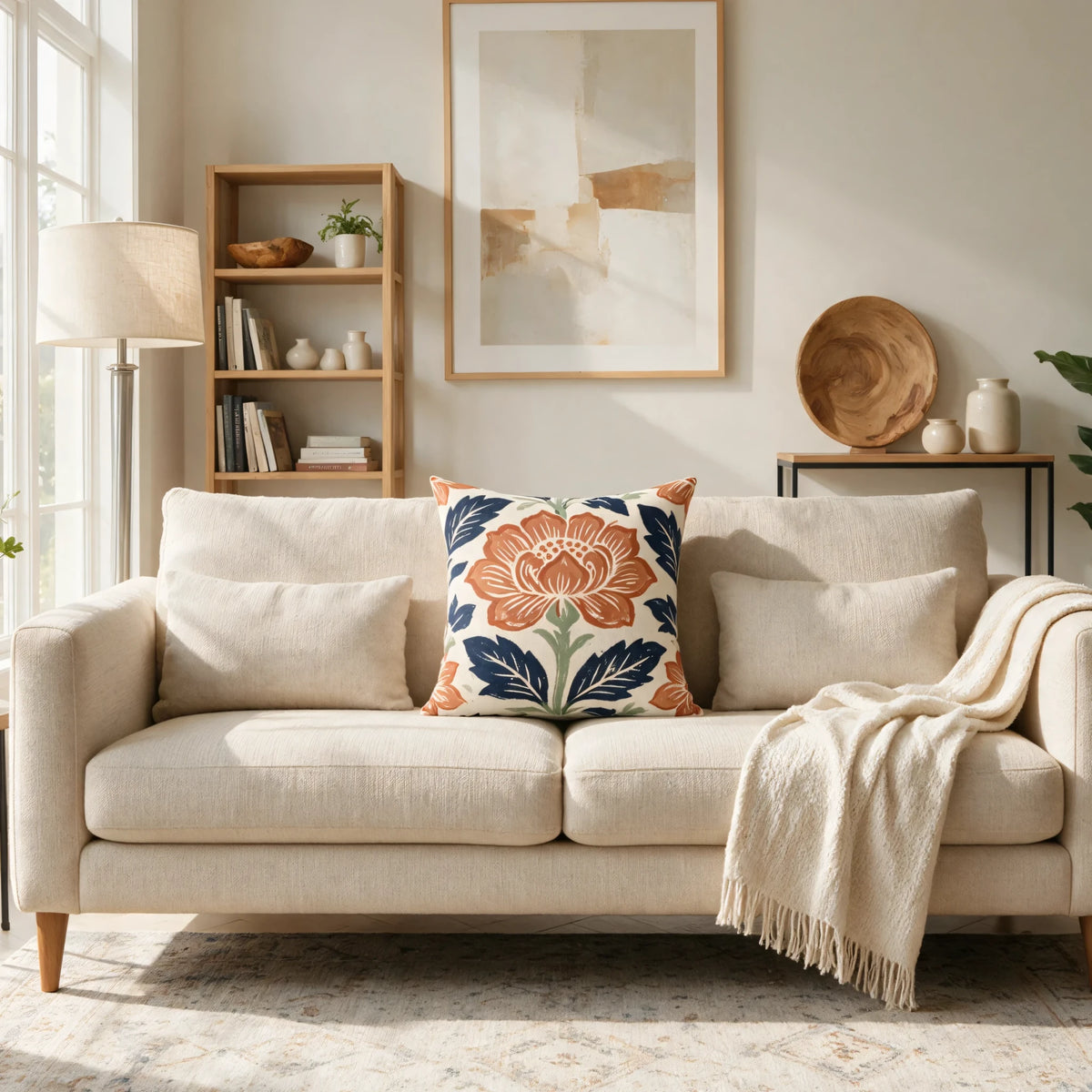 Indigo Sage Floral Cushion Case, lifestyle view.