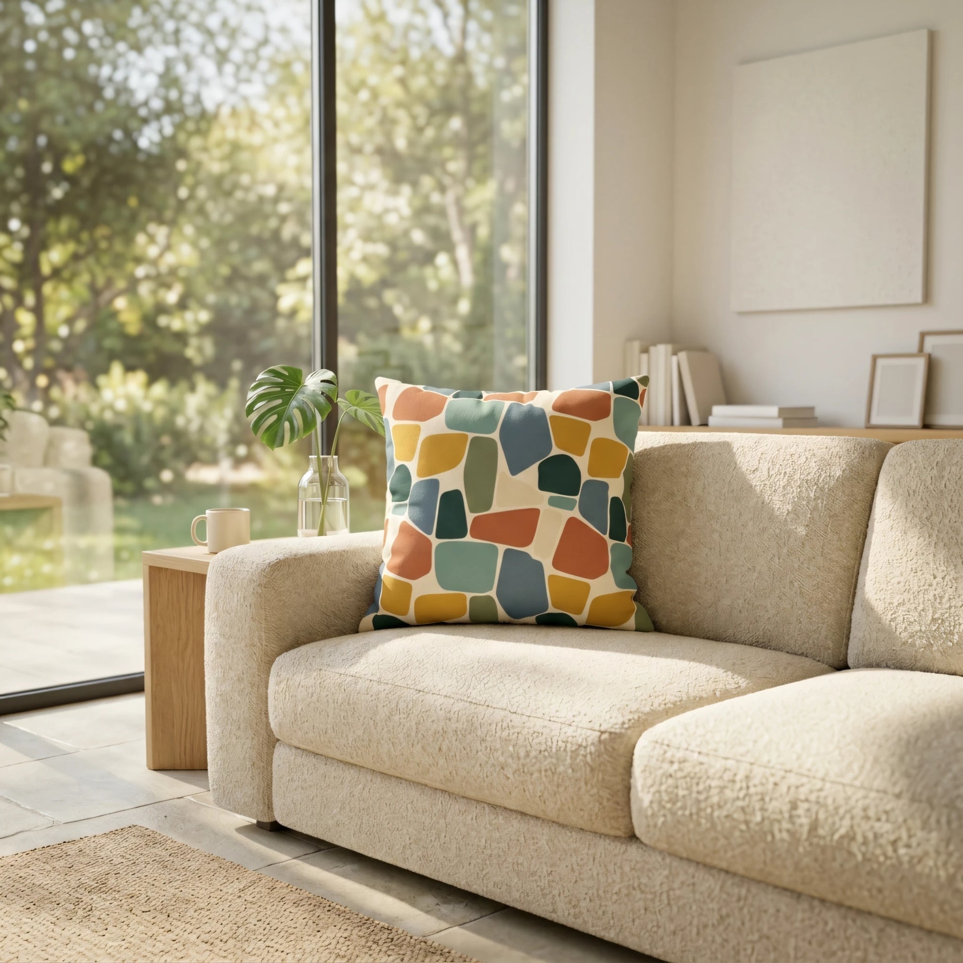 Colorful abstract cushion with teal and orange shapes on a beige couch in a sunlit modern living room lifestyle scene.