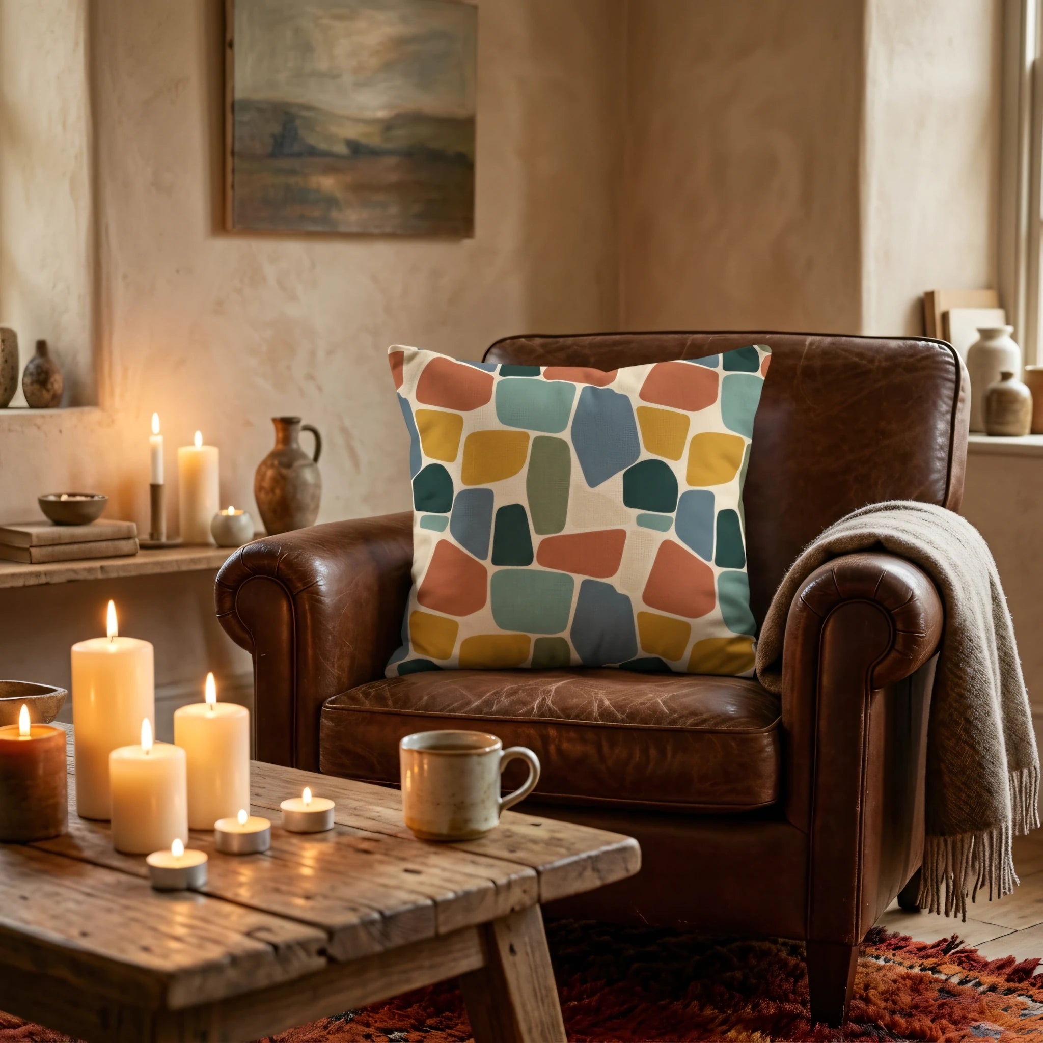 Abstract geometric pattern pillow in terracotta and teal on a brown leather armchair in a cozy candlelit living room.