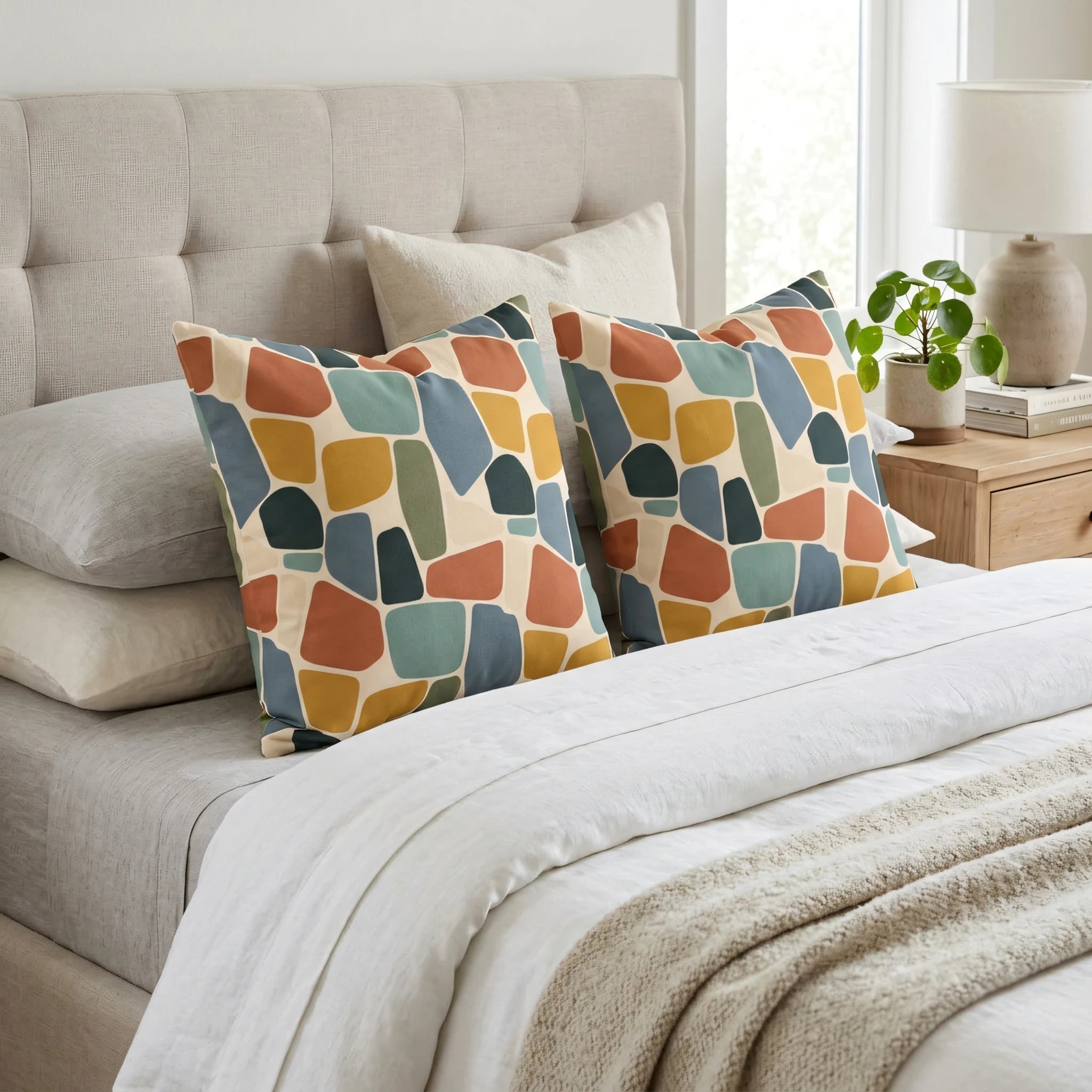 Pair of decorative pillows with a colorful geometric pebble pattern in mustard and teal, styled on a neutral bed in a bright, modern bedroom.