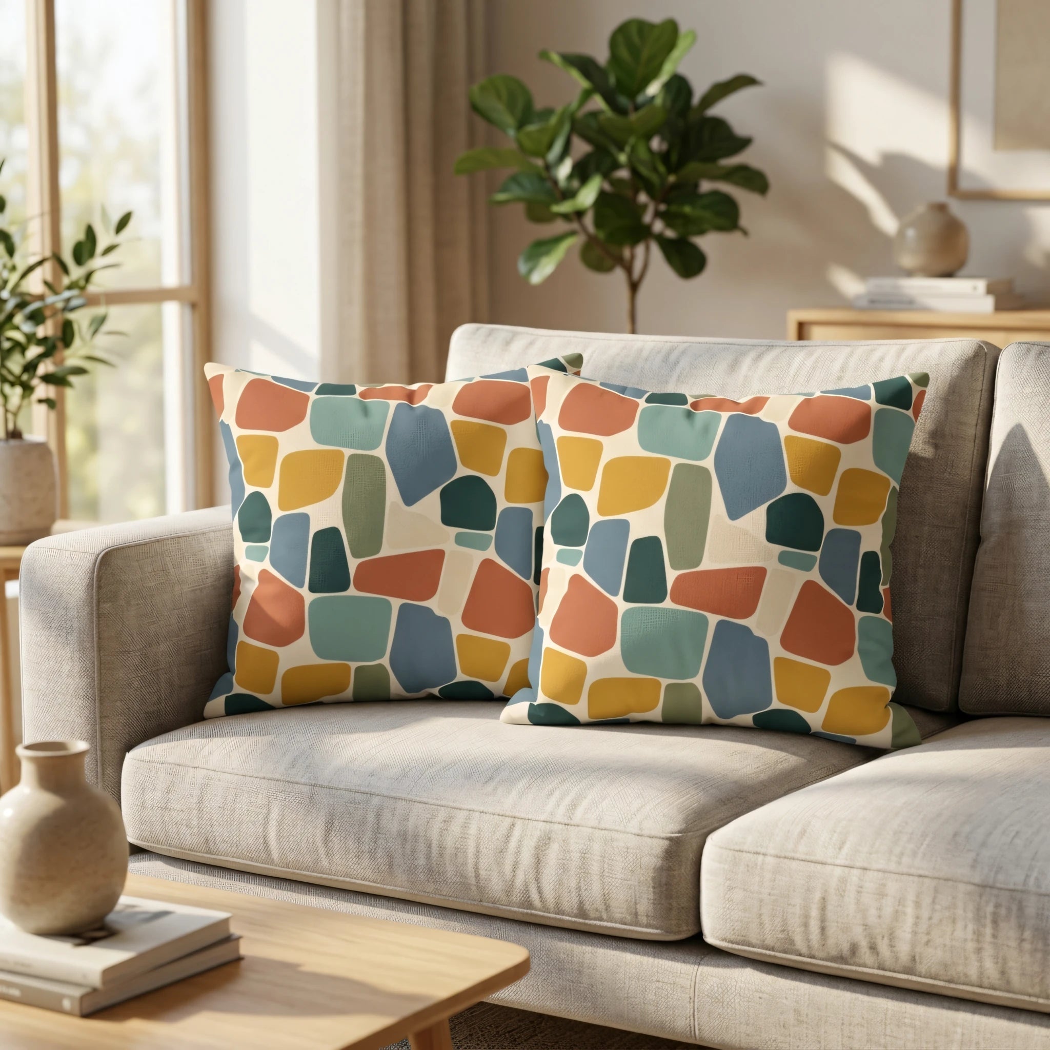 Two square cushions featuring a colorful abstract stone pattern on a light beige sofa in a minimalist, sunlit living room setting.