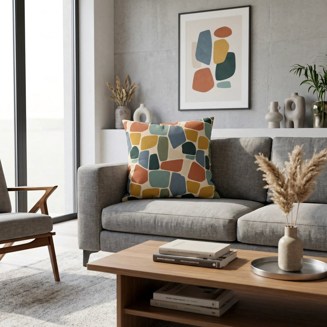 Decorative cushion with a colorful abstract pattern in mustard, teal and terracotta on a gray sofa in a modern living room.